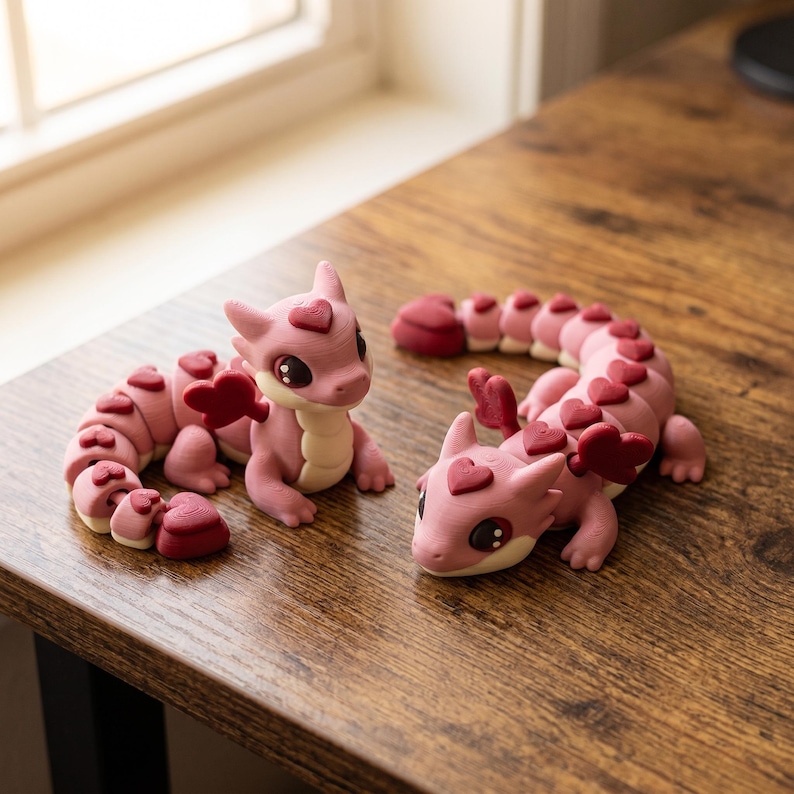 May include: Two articulated dragon figurines in shades of light pink and dark red. Each dragon features a heart-shaped crest on its head, heart-shaped wings, and a segmented tail with heart-shaped scales along its back and a cream-colored belly.