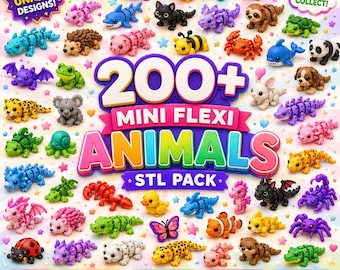 Puede incluir: Una colección de más de 200 figuras de animales articulados mini flexi de colores, incluyendo dragones, criaturas marinas, insectos y mamíferos. El texto central dice 200+ MINI FLEXI ANIMALS STL PACK, rodeado de estrellas y corazones.