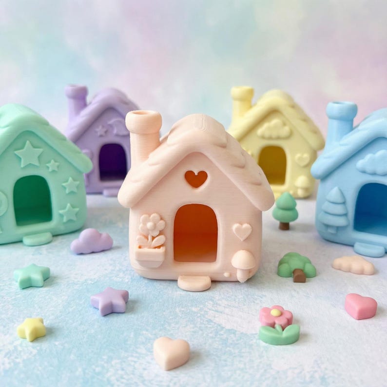 May include: A collection of pastel-colored miniature houses with heart-shaped cutouts, chimneys, and decorative elements. The houses are surrounded by small, matching-colored decorative shapes, including stars, clouds, and hearts. The overall theme is whimsical and charming.
