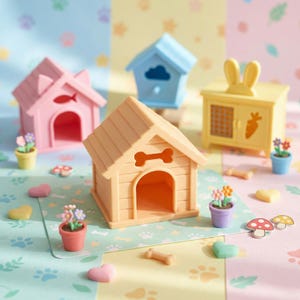 May include: A collection of miniature pet houses and accessories in pastel colors. The scene includes a pink dog house, a blue birdhouse, a yellow rabbit hutch, and an orange dog house with a bone-shaped cutout. Small flower pots, hearts, and mushroom decorations are scattered around.