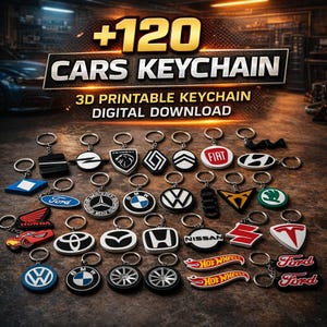 May include: A collection of car keychains featuring various car brand logos, including Ford, Mercedes-Benz, and BMW. The keychains are black, white, and colored, with metal key rings. The image also includes text that says "+120 CARS KEYCHAIN 3D PRINTABLE KEYCHAIN DIGITAL DOWNLOAD."
