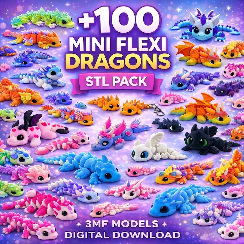 May include: A collection of 100 mini flexi dragon 3D models displayed on a purple starry background. The image features various articulated dragon figures in diverse colors including pink, blue, orange, and green, with text reading +100 MINI FLEXI DRAGONS STL PACK and 3MF MODELS DIGITAL DOWNLOAD.