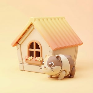 May include: A whimsical toy set featuring a miniature house with a peach-colored roof and a tan body. A cute hamster toy with brown and cream-colored fur stands in front of the house. The house has a window with flower boxes.