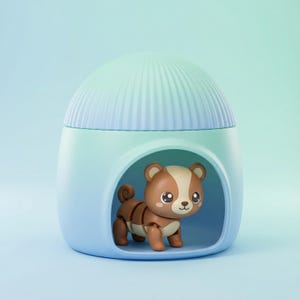 May include: A light blue toy house with a domed top and a brown and tan dog figurine inside. The dog has articulated joints and a cute expression. The house has a rounded opening and a gradient color scheme.