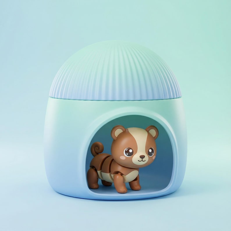 May include: A light blue toy house with a domed top and a brown and tan dog figurine inside. The dog has articulated joints and a cute expression. The house has a rounded opening and a gradient color scheme.
