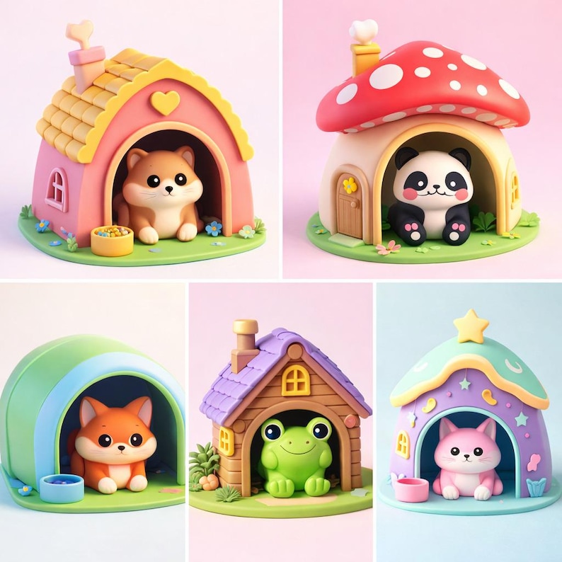 May include: A collection of five whimsical miniature houses, each with a different animal resident. The houses feature vibrant colors like pink, green, and purple, with details such as a mushroom roof and star accents. The animals include a dog, panda, fox, frog, and cat.