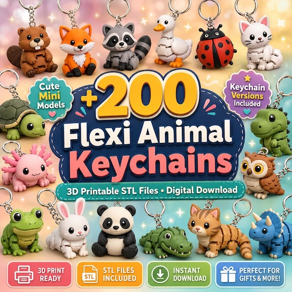 200+ Articulated Flexi Animal Keychains – 3D Printable STL Files (Digital Download)