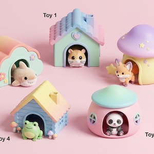 May include: A collection of colorful miniature animal houses and figurines. The set includes a shark in a cloud-shaped house, a hamster in a blue house, a fox in a mushroom house, a panda in a pink house, and a frog in a yellow house.