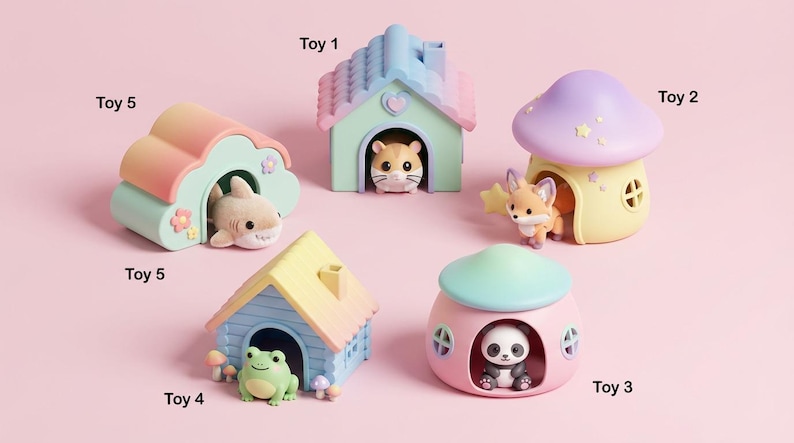 May include: A collection of colorful miniature animal houses and figurines. The set includes a shark in a cloud-shaped house, a hamster in a blue house, a fox in a mushroom house, a panda in a pink house, and a frog in a yellow house.