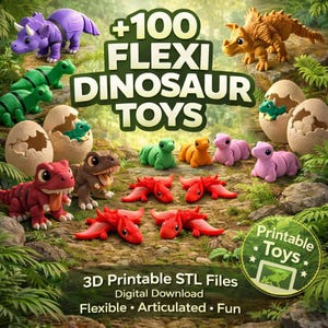 Puede incluir: Una colección de más de 100 juguetes de dinosaurios flexibles con varias figuras articuladas en colores como morado, verde, rojo, naranja y rosa, incluyendo algunos que emergen de huevos rotos. El texto dice +100 FLEXI DINOSAUR TOYS y Printable Toys.