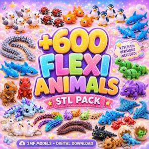 May include: A digital collection of 600 articulated animal figures including sharks, turtles, dinosaurs, and insects. The graphic features the text +600 FLEXI ANIMALS STL PACK and KEYCHAIN VERSIONS INCLUDED, with various colorful 3D printed models.