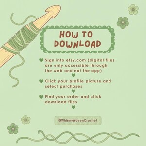 Op de afbeelding: Een lichtgroene afbeelding met instructies over het downloaden van digitale bestanden van Etsy. De afbeelding toont een haaknaald en de tekst "HOW TO DOWNLOAD". De instructies omvatten het inloggen op Etsy, het selecteren van aankopen en het downloaden van bestanden. De afbeelding bevat ook de handle van de Etsy-winkel.