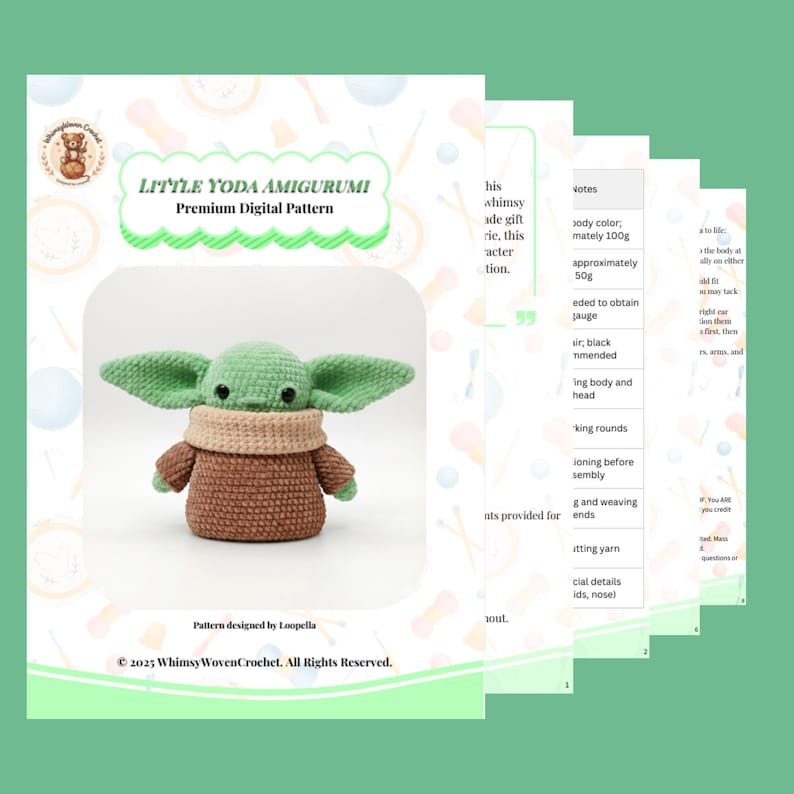 Op de afbeelding: Een gehaakte Little Yoda Amigurumi, een premium digitaal patroon, wordt weergegeven op een groene achtergrond. De Yoda-figuur is groen, bruin en bruin. De titel van het patroon staat in een groen golvend kader. Het patroon is ontworpen door Loopella.