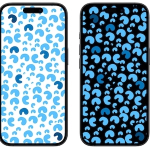 Puede incluir: Dos smartphones que muestran patrones abstractos. Uno tiene un fondo blanco con formas de media luna azul claro y oscuro. El otro tiene un fondo negro con las mismas formas de media luna azul.