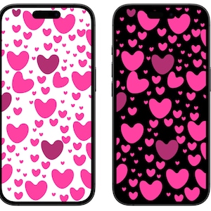 May include: Two smartphone screens displaying heart patterns. One screen has a white background with pink and dark pink hearts. The other screen has a black background with pink and dark pink hearts. The hearts vary in size and are scattered across the screens.