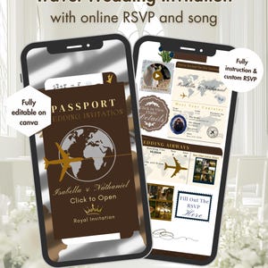 Op de afbeelding: Twee smartphones met een digitale reisthema trouwuitnodigingssjabloon. Het scherm toont een bruine paspoort-stijl omslag met een wereldkaart, vliegtuigicoon en de tekst Passport Wedding Invitation, Isabella & Nathaniel, Click to Open, Royal Invitation en Fully editable on canva.