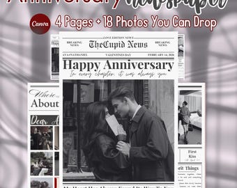 Anpassad tidning för årsdagar, redigerbar mall för DIY-present till henne eller honom, personlig romantisk kärlekshistoria för par (digital nedladdning)