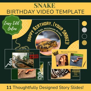 Op de afbeelding: Een digitale sjabloon voor een verjaardagsvideo met een slangenthema. Het ontwerp toont een slang, de tekst "Happy Birthday, [Your Snake]!" en de zin "No legs, maximum drama." Bevat de tekst "Easy Edit Online" en "11 Thoughtfully Designed Story Slides!"