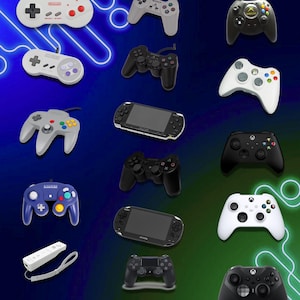 May include: An image showcasing a variety of video game controllers from Nintendo, Sony, and Xbox. The controllers are in various colours, including white, black, and grey. The image includes classic and modern designs, with some controllers displaying the brand's logo.