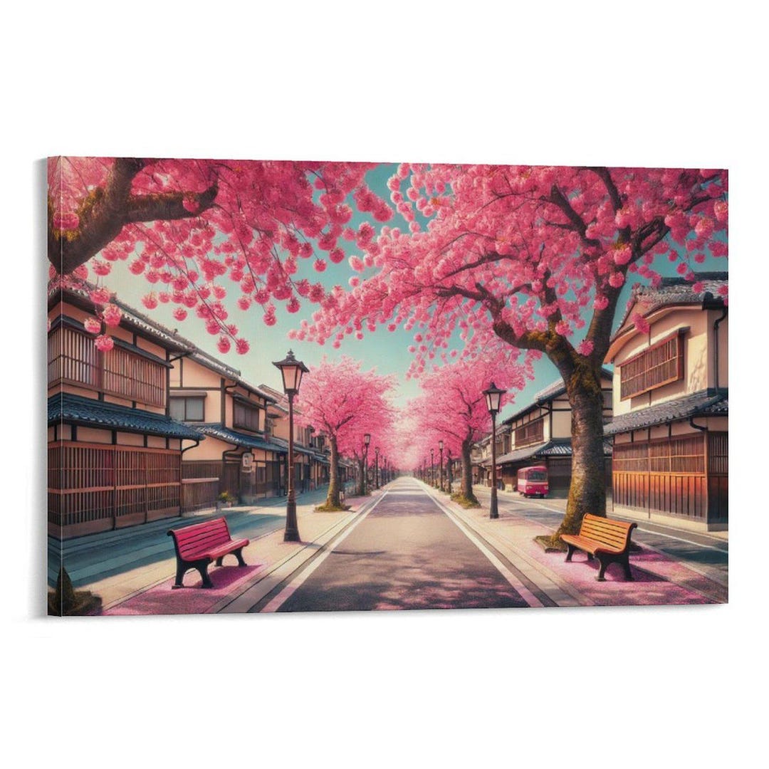 Pink Cherry Blossom Tree Street Painting on Canvas Wall Art Poster ...
