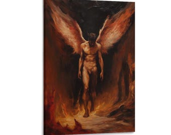 Puede incluir: Una impresión artística en lienzo representa una figura desnuda con grandes alas de fuego, sobre un fondo de llamas y sombras oscuras. La obra de arte evoca una sensación de drama e intensidad, con colores cálidos dominantes.