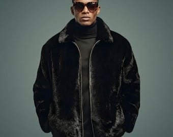 Men Black Faux Fur Coat Vintage Inspired Handmade fluffy fur jacket