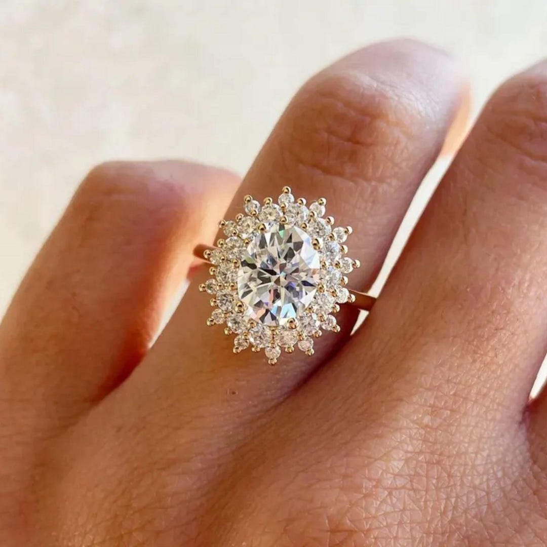 2 CT Oval Cut Moissanite Double Halo Engagement Ring, 14K Solid Yellow ...
