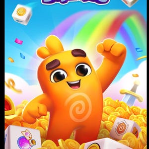 Könnte beinhalten: Bunte Illustration für "Dice Dreams" mit einer orangefarbenen Cartoonfigur mit Spiralmuster, umgeben von Goldmünzen und Würfeln. Der Titel des Spiels wird in einer farbenfrohen Schrift vor blauem Himmel mit Regenbogen angezeigt.
