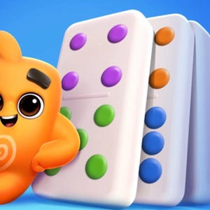 May include: A vibrant illustration of dominoes with colorful dots in purple, orange, green, and blue. An orange cartoon character with a friendly expression is positioned next to the dominoes against a blue background.
