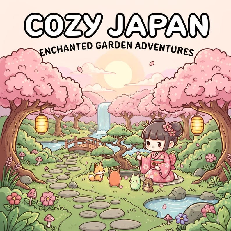 Pode incluir: Ilustra&ccedil;&atilde;o fantasiosa com o texto "COZY JAPAN ENCHANTED GARDEN ADVENTURES". Uma menina de quimono rosa est&aacute; em um jardim japon&ecirc;s com cerejeiras, uma cachoeira e pequenos animais.