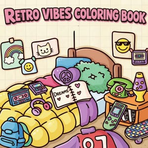Kolorowanka „Retro Vibes” | Sceny wnętrz w stylu vintage, odjazdowe wzory (wersja cyfrowa do pobrania)