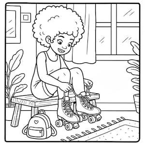 May include: Black and white illustration of a person sitting on a bench, tying the laces of roller skates. A small backpack with a heart design sits nearby. The scene is set indoors, with a window and plants visible.