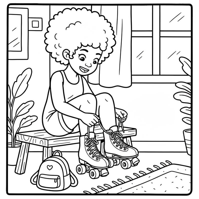 May include: Black and white illustration of a person sitting on a bench, tying the laces of roller skates. A small backpack with a heart design sits nearby. The scene is set indoors, with a window and plants visible.