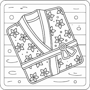Pode incluir: Ilustra&ccedil;&atilde;o em preto e branco de um roup&atilde;o com padr&atilde;o floral com cinto e fecho de la&ccedil;o. O roup&atilde;o est&aacute; dobrado e colocado sobre uma superf&iacute;cie de madeira, com uma borda quadrada.