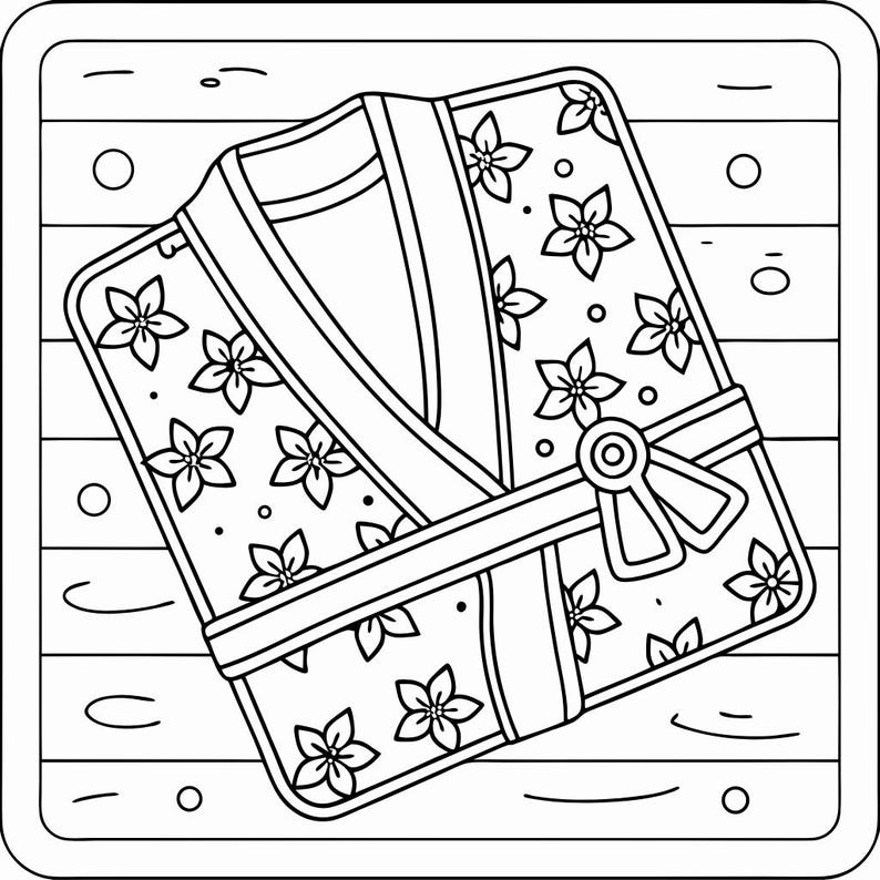 Pode incluir: Ilustra&ccedil;&atilde;o em preto e branco de um roup&atilde;o com padr&atilde;o floral com cinto e fecho de la&ccedil;o. O roup&atilde;o est&aacute; dobrado e colocado sobre uma superf&iacute;cie de madeira, com uma borda quadrada.