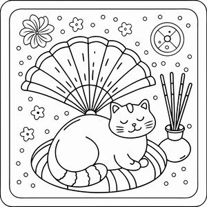 Pode incluir: Ilustra&ccedil;&atilde;o a preto e branco de um gato a descansar numa almofada listrada sob um leque. A imagem inclui flores, um c&iacute;rculo decorativo e paus de incenso num vaso. O gato tem os olhos fechados e uma express&atilde;o serena.
