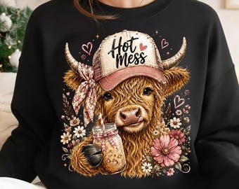 Hot Mess Highland Cow PNG, Highland Cow Coffee, Floral Western Cowgirl Shirt Design, Funny Cow Sublimation, Instant Digital Download PNG Art