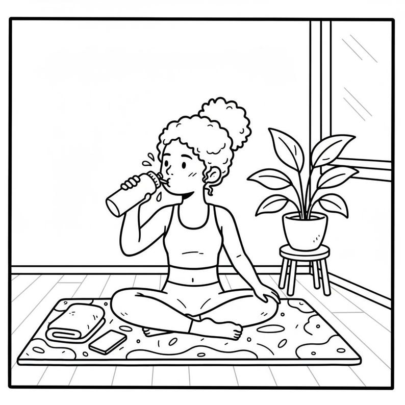 May include: Black and white illustration of a person drinking from a water bottle while sitting on a yoga mat. A towel and a phone are on the mat. A potted plant sits near a window.