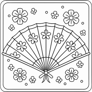 Pode incluir: Ilustra&ccedil;&atilde;o a preto e branco de um leque com um design floral. O leque est&aacute; aberto, exibindo linhas radiantes e motivos florais. Flores adicionais e pequenos grupos florais circundam o leque, tudo dentro de uma moldura quadrada.