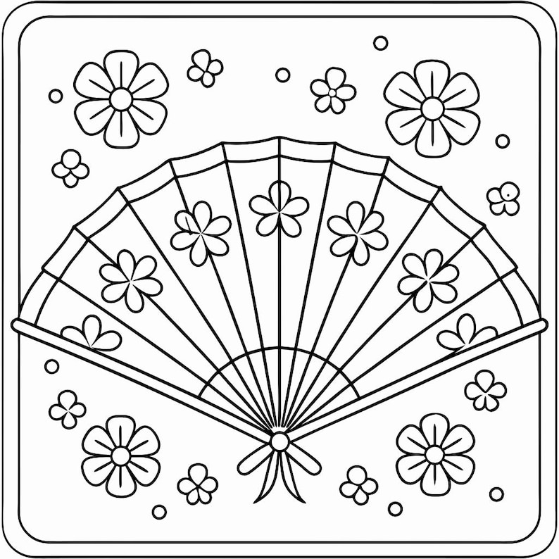 Pode incluir: Ilustra&ccedil;&atilde;o a preto e branco de um leque com um design floral. O leque est&aacute; aberto, exibindo linhas radiantes e motivos florais. Flores adicionais e pequenos grupos florais circundam o leque, tudo dentro de uma moldura quadrada.