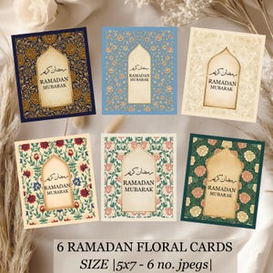 Puede incluir: Seis tarjetas florales de Ramadán con diversos diseños y colores florales. Cada tarjeta presenta un diseño de arco con escritura árabe y las palabras "RAMADAN MUBARAK". Las tarjetas miden 12,7 x 17,8 cm.