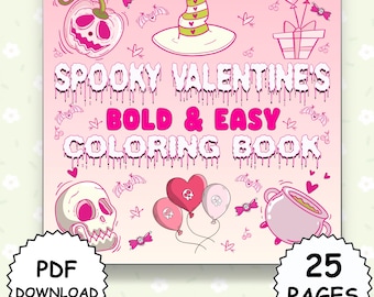 Libro para colorear de San Valentín espeluznante para adultos: 25 páginas góticas, atrevidas y adorables, arte romántico antiestrés, PDF de letra grande, descarga imprimible.