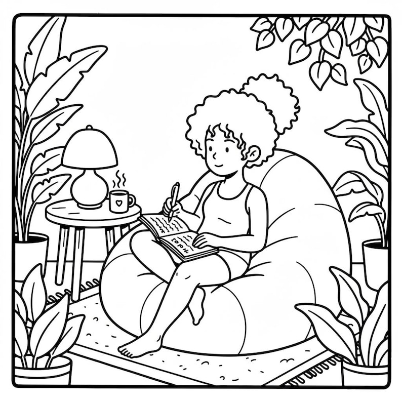 May include: Black and white illustration of a person sitting on a beanbag chair, writing in a notebook. A small table with a lamp and a mug sits nearby. Potted plants surround the scene, creating a cozy, indoor setting.