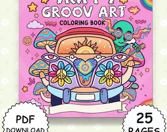 Libro da colorare per adulti in stile psichedelico e groovy - 25 pagine psichedeliche, funghi, alieni, magia, relax retrò anni '70 in formato PDF, scaricabile e stampabile.