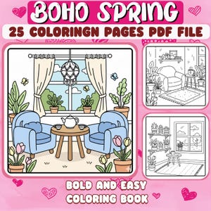 以下が含まれることがあります： 「Boho Spring」というタイトルのデジタル塗り絵本で、PDF形式で25ページの塗り絵が含まれています。表紙には、青いアームチェア、丸いテーブル、窓のあるリビングルームの線画が描かれています。「Bold and Easy Coloring Book」というテキストも含まれています。