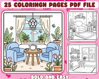 Boho Spring Coloring Pages - Cozy Home Interiors (PDF Download)