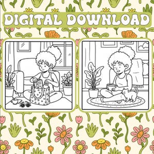 May include: Digital download illustration featuring two panels of a person in a room, one with a bag and notes, the other with a cat. The background is a floral pattern with the text "DIGITAL DOWNLOAD".