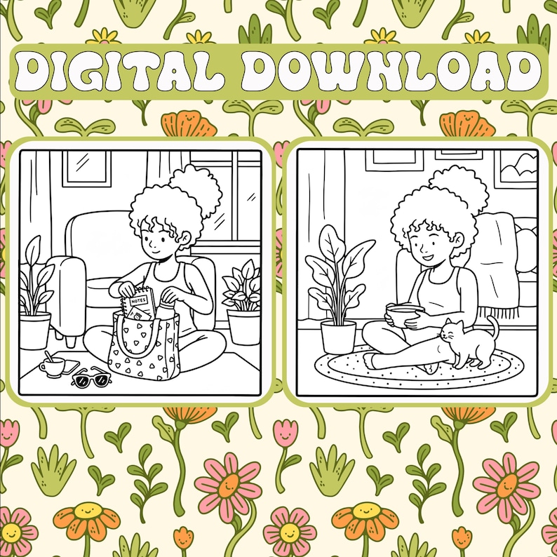 May include: Digital download illustration featuring two panels of a person in a room, one with a bag and notes, the other with a cat. The background is a floral pattern with the text "DIGITAL DOWNLOAD".