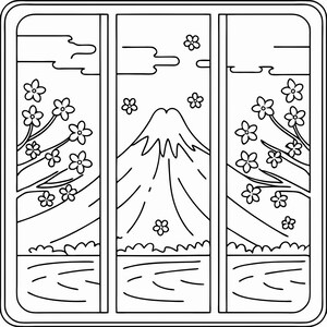 Pode incluir: Ilustra&ccedil;&atilde;o a preto e branco de uma paisagem japonesa. A imagem &eacute; dividida em tr&ecirc;s pain&eacute;is, retratando o Monte Fuji, flores de cerejeira, nuvens e um rio.
