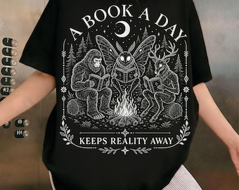 A Book A Day Keeps Reality Away PNG, Bigfoot Mothman Cryptid Reading Campfire, Dark Academia Book Lover Sublimation, Digital Download
